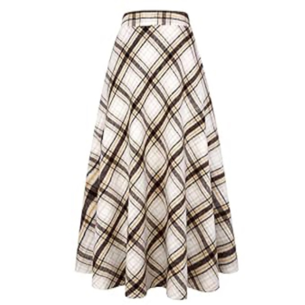 Cream black and yellow plain A-Line midi Wool Skirt with pockets fully lined